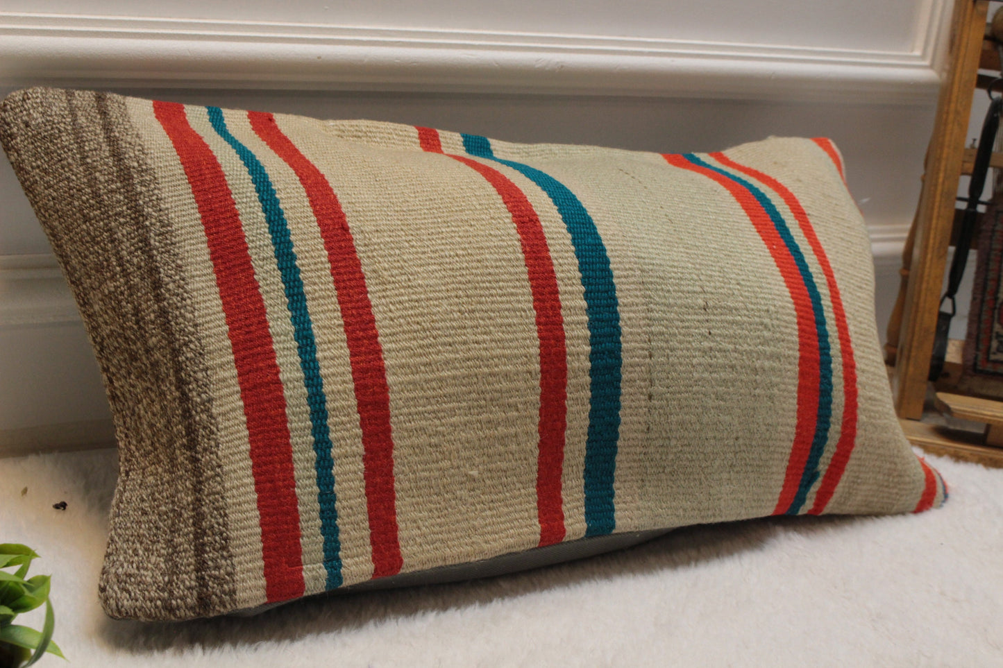 Handmade Kilim Lumbar Pillow Cover: Upcycled Woven Rug (12x24 in)