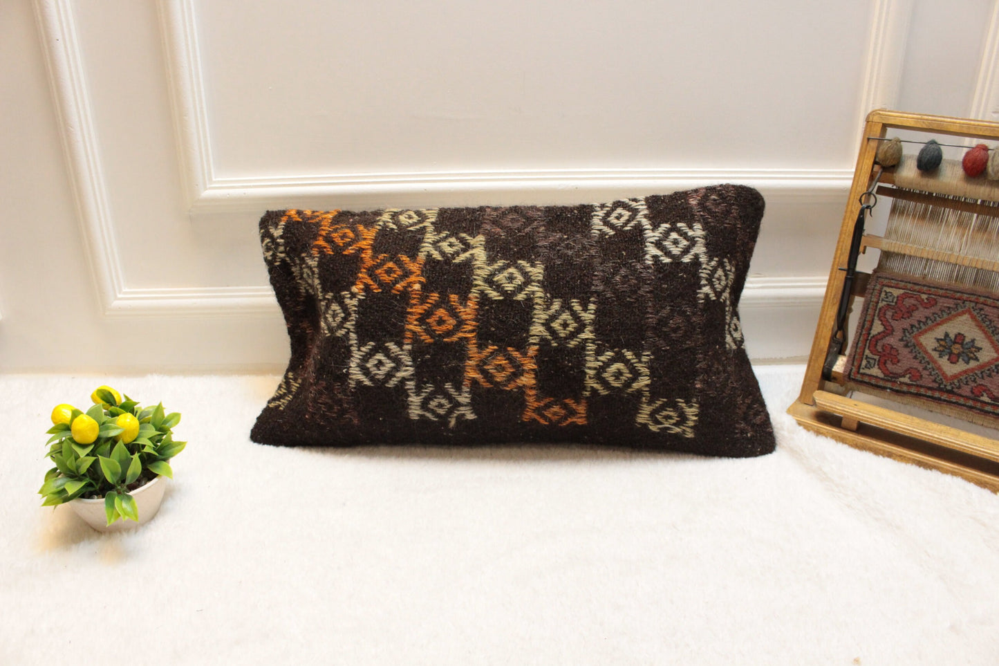 Handmade Kilim Lumbar Pillow Cover: Brown Woven Rug, 12x24