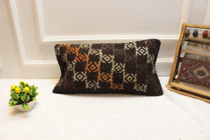 Handmade Kilim Lumbar Pillow Cover: Brown Woven Rug, 12x24