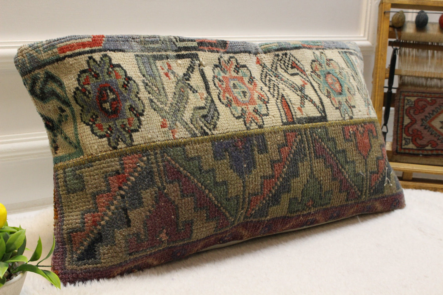 Handmade Kilim Pillow Cover: Upcycled Wool Lumbar Cushion (12x24 inc)