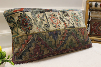 Handmade Kilim Pillow Cover: Upcycled Wool Lumbar Cushion (12x24 inc)