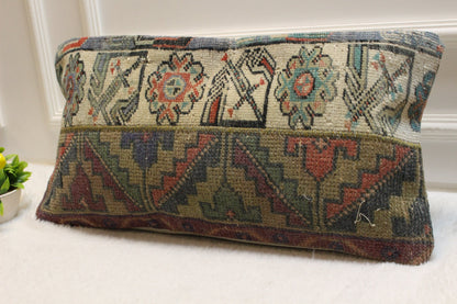 Handmade Kilim Pillow Cover: Upcycled Wool Lumbar Cushion (12x24 inc)