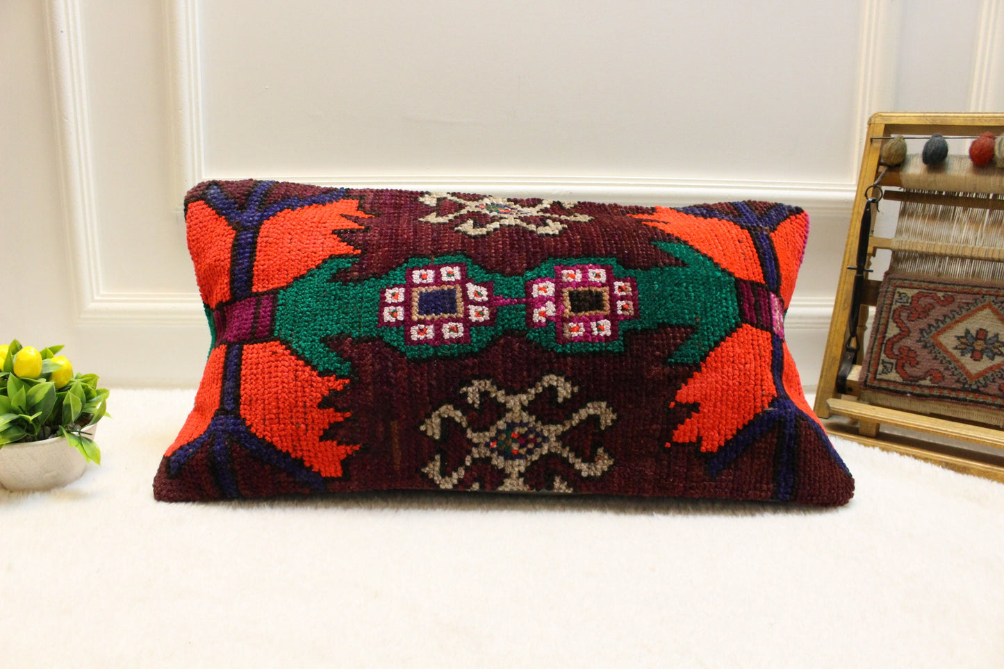 Handmade Kilim Pillow Cover: Upcycled Boho Rug Cushion (12x24 inch)