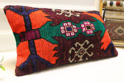 Handmade Kilim Pillow Cover: Upcycled Boho Rug Cushion (12x24 inch)