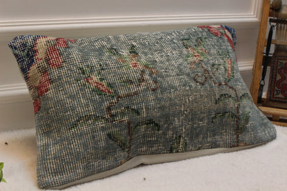 Handwoven Green Kilim Lumbar Pillow Cover: Rustic Ethnic Decor (12x24)