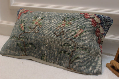 Handwoven Green Kilim Lumbar Pillow Cover: Rustic Ethnic Decor (12x24)