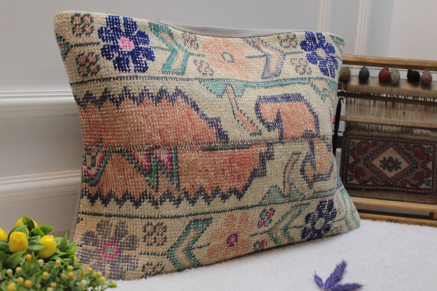 Handwoven Kilim Lumbar Pillow Cover: Orange, Blue, Beige (16x24)