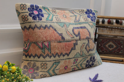 Handwoven Kilim Lumbar Pillow Cover: Orange, Blue, Beige (16x24)