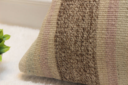 Handwoven Turkish Kilim Pillow Cover: Bohemian Beige Rug Cushion (12x24)