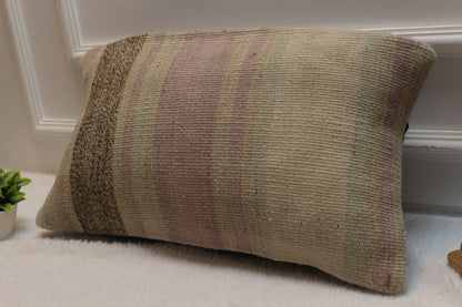 Handwoven Turkish Kilim Pillow Cover: Bohemian Beige Rug Cushion (12x24)