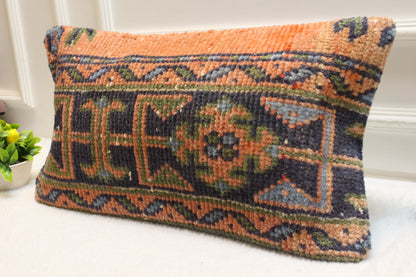 Handmade Kilim Pillow Cover: Upcycled Woven Rug, Boho Cushion (12x24 inch)