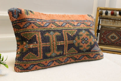 Handmade Kilim Pillow Cover: Upcycled Woven Rug, Boho Cushion (12x24 inch)