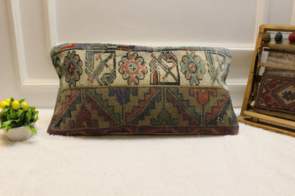 Handmade Kilim Pillow Cover: Upcycled Wool Lumbar Cushion (12x24 inc)
