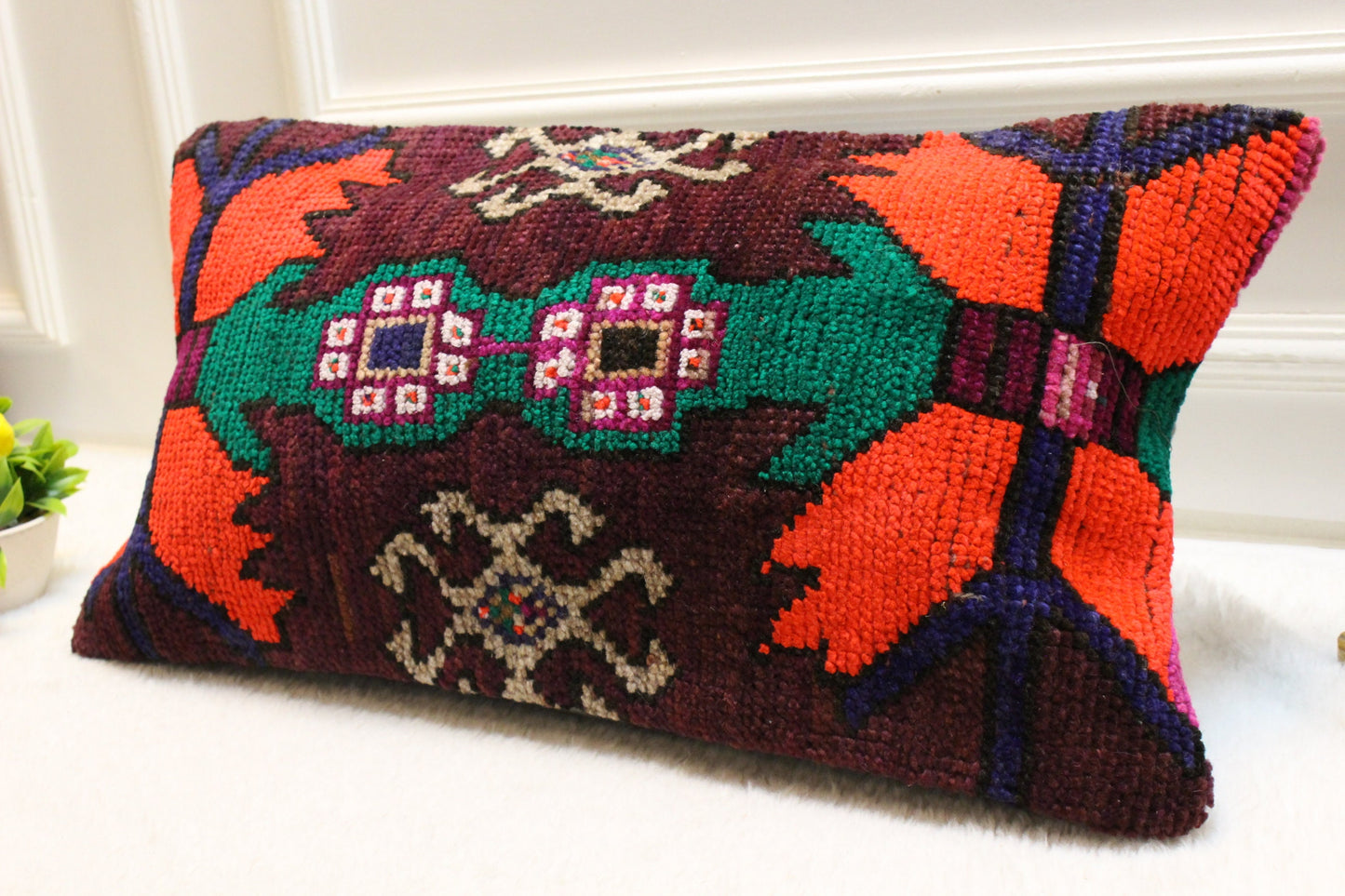Handmade Kilim Pillow Cover: Upcycled Boho Rug Cushion (12x24 inch)