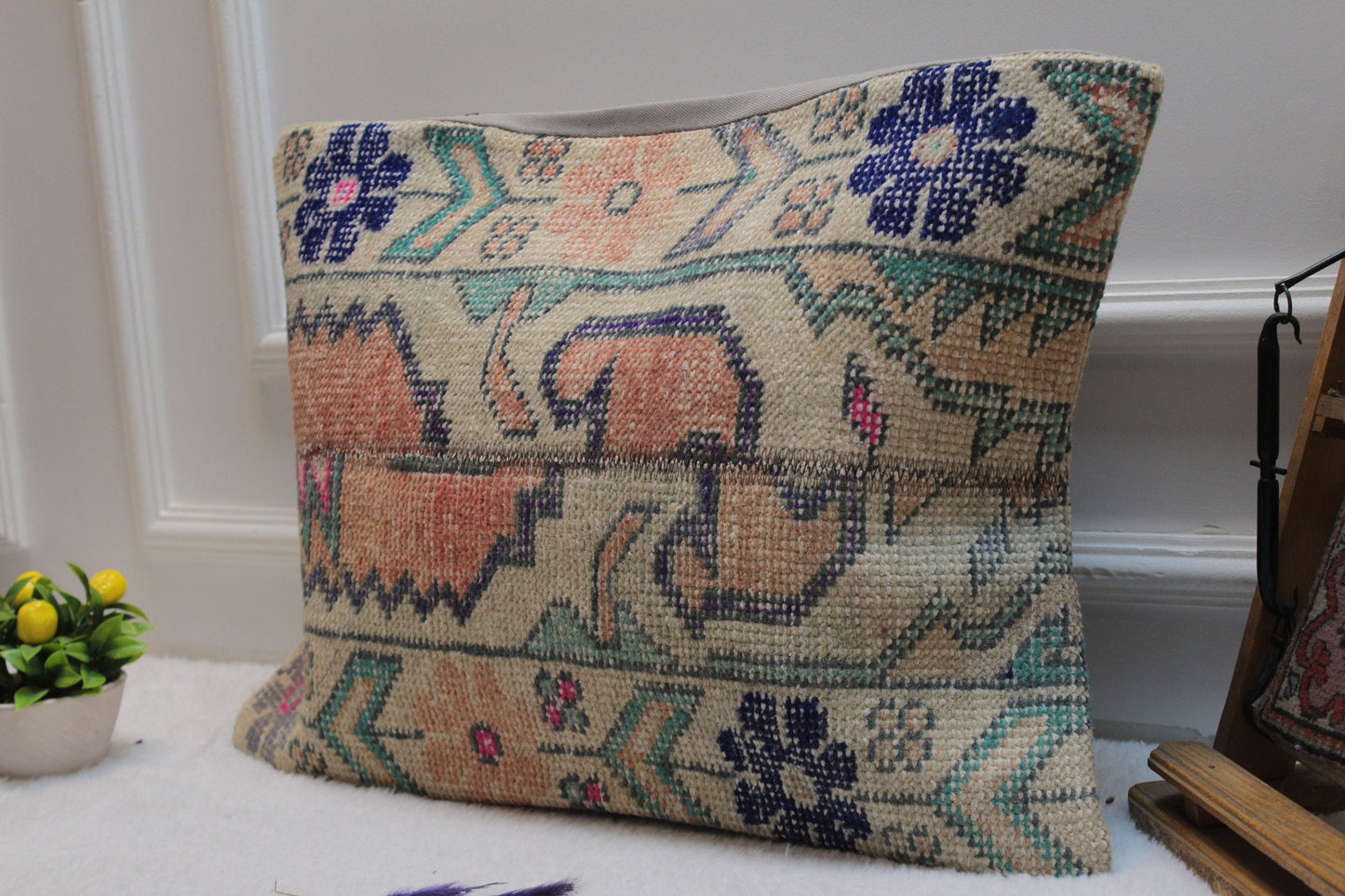 Handwoven Kilim Lumbar Pillow Cover: Orange, Blue, Beige (16x24)