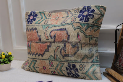 Handwoven Kilim Lumbar Pillow Cover: Orange, Blue, Beige (16x24)