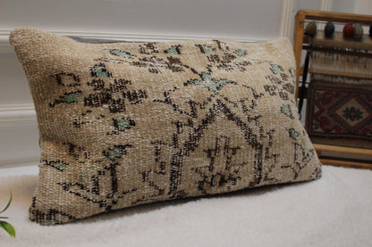 Handwoven Kilim Lumbar Pillow Cover: Rustic Ethnic Rug Pillow (12x24)