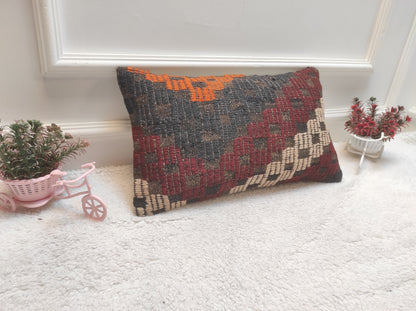 Handmade Geometric Kilim Lumbar Pillow Cover: Boho Decor (12x20 in)