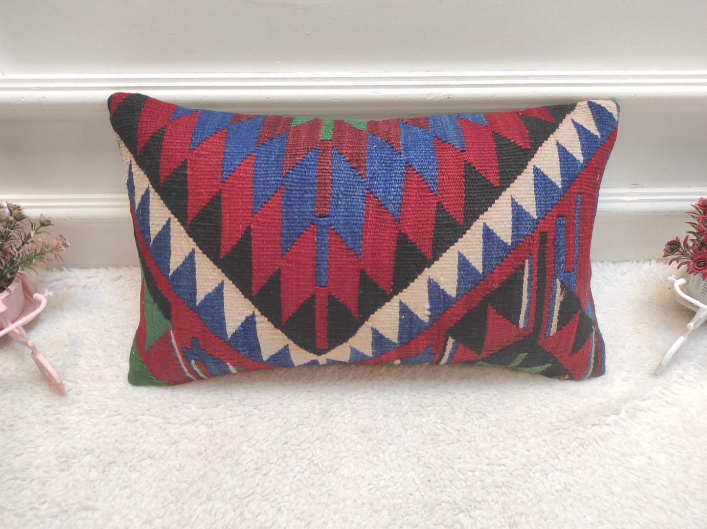 Handmade Kilim Lumbar Pillow Cover: Upcycled Woven Rug, 12x20 inch