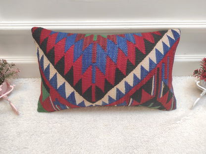 Handmade Kilim Lumbar Pillow Cover: Upcycled Woven Rug, 12x20 inch