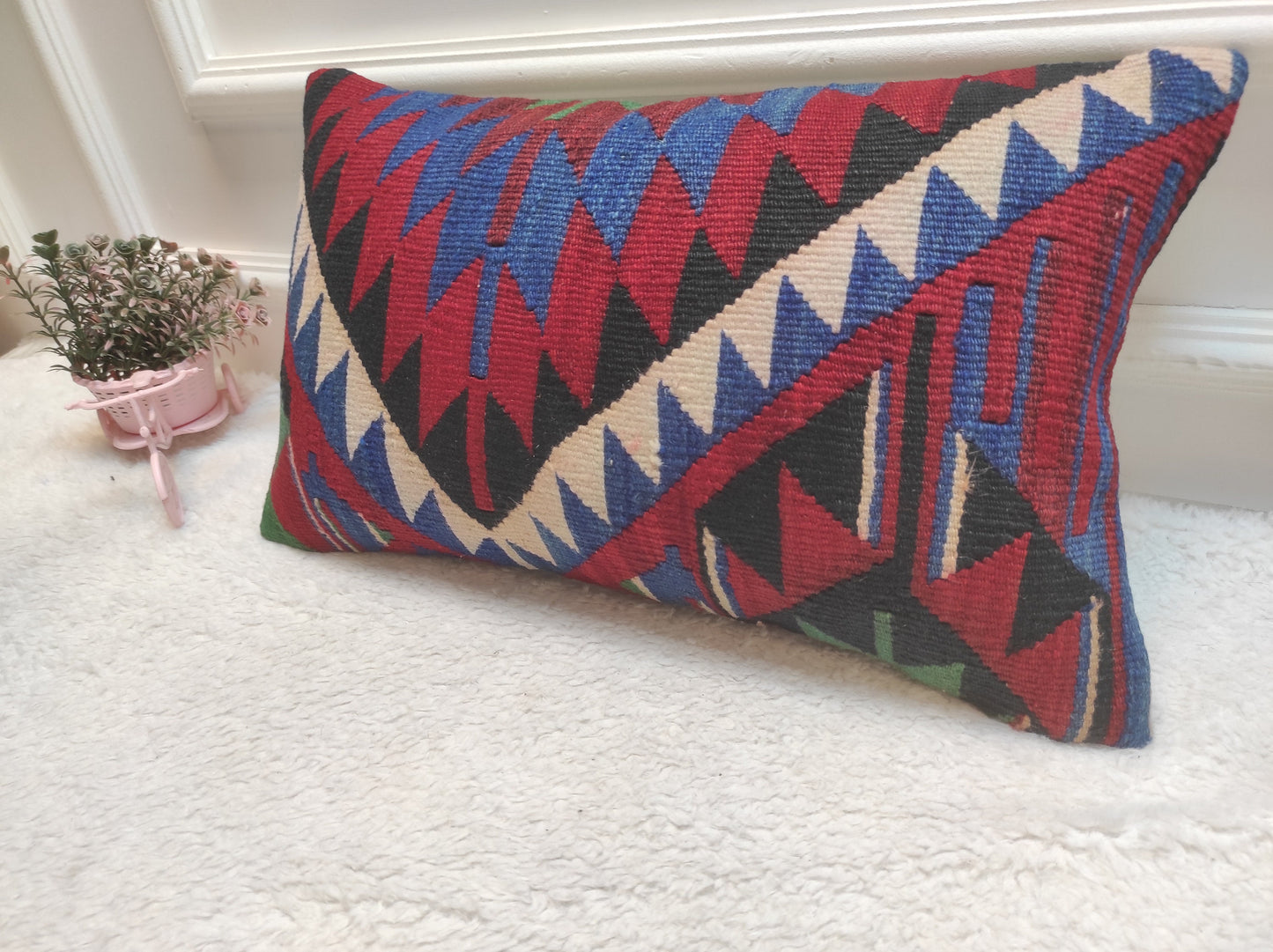 Handmade Kilim Lumbar Pillow Cover: Upcycled Woven Rug, 12x20 inch