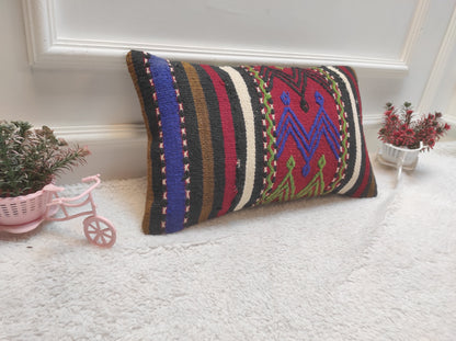 Handmade Lumbar Kilim Pillow Cover: 12x20 inc, Bohemian Decor
