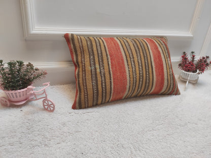 Striped Kilim Lumbar Pillow Cover: Organic Wool, 12x20 inch