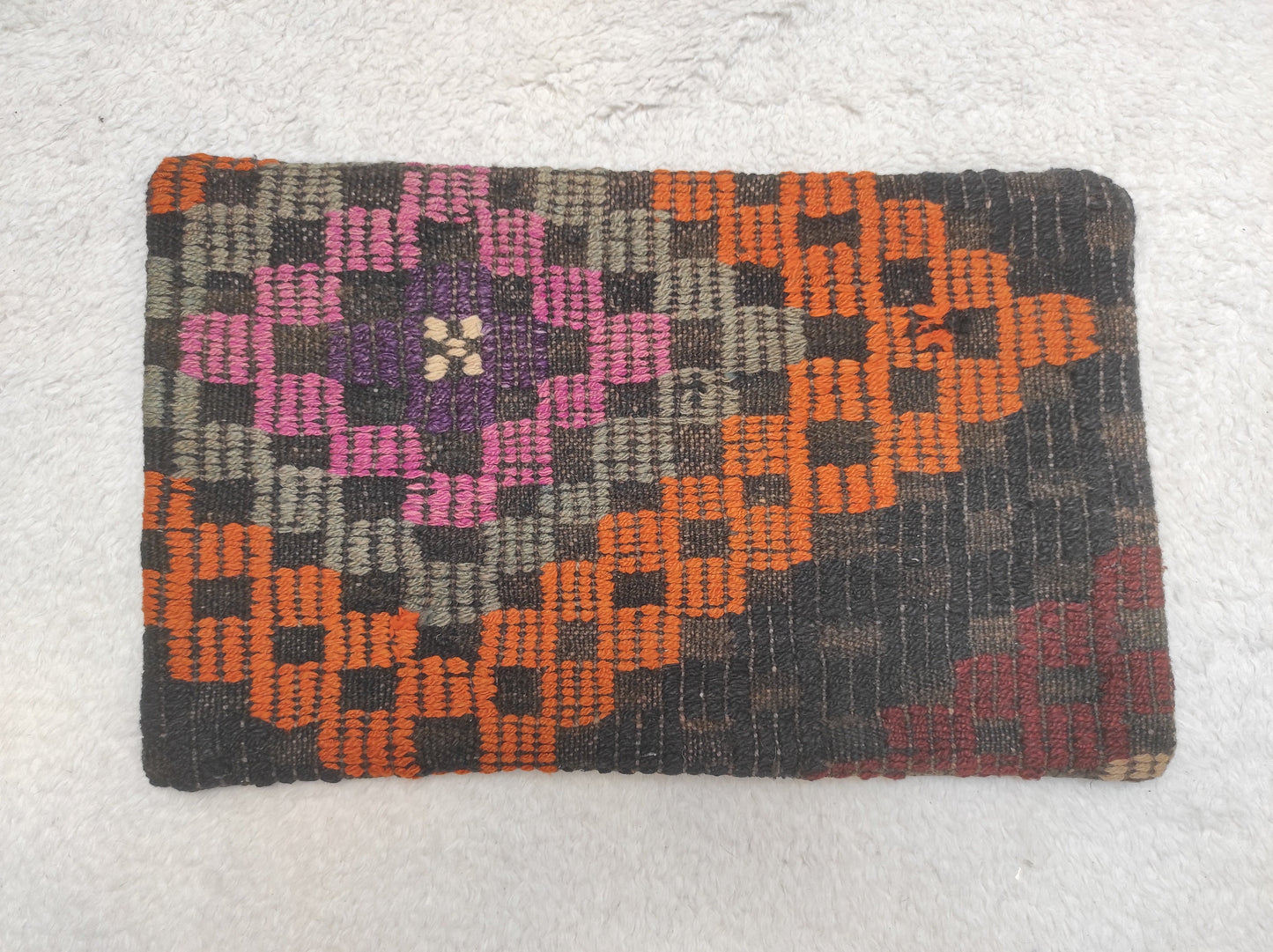 Handmade Kilim Lumbar Pillow Cover: 12x20 inc Upcycled Woven Rug
