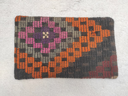 Handmade Kilim Lumbar Pillow Cover: 12x20 inc Upcycled Woven Rug