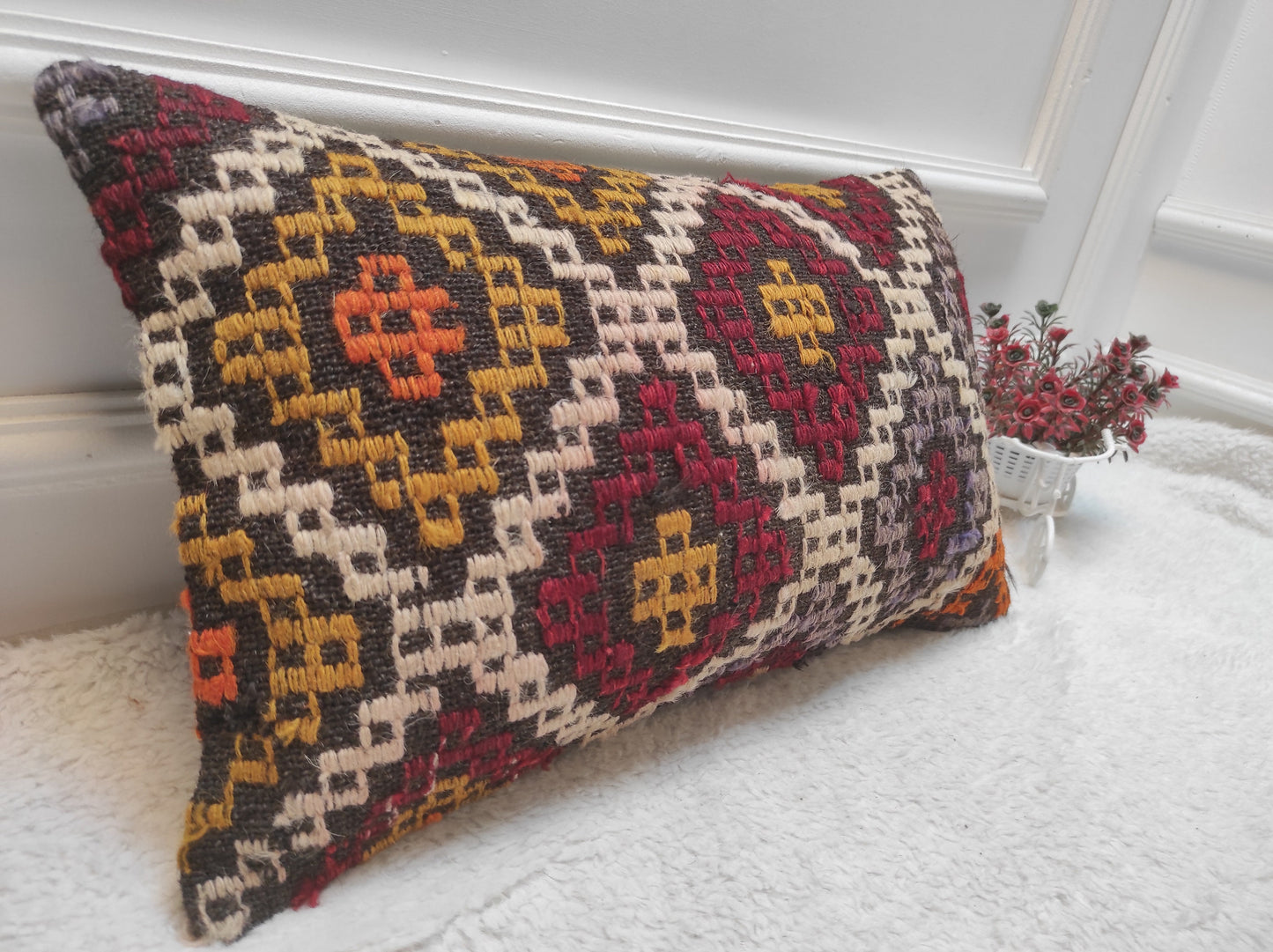 Handmade Kilim Lumbar Pillow Cover: Organic Wool Boho Decor (12x20 inc)