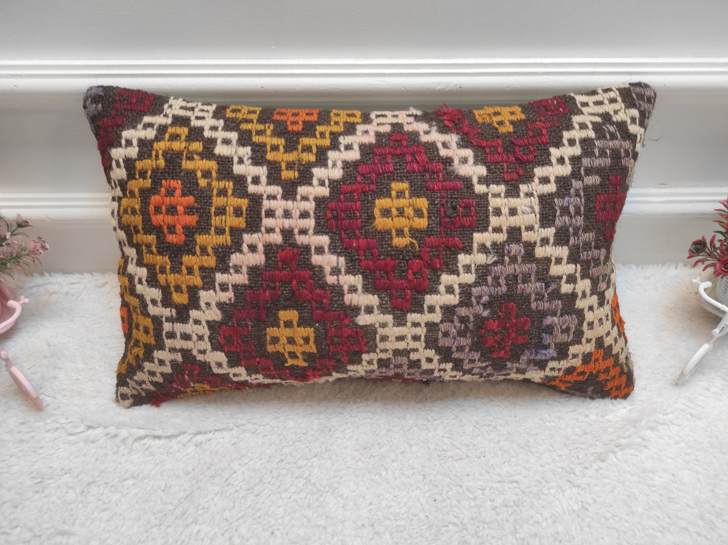 Handmade Kilim Lumbar Pillow Cover: Organic Wool Boho Decor (12x20 inc)