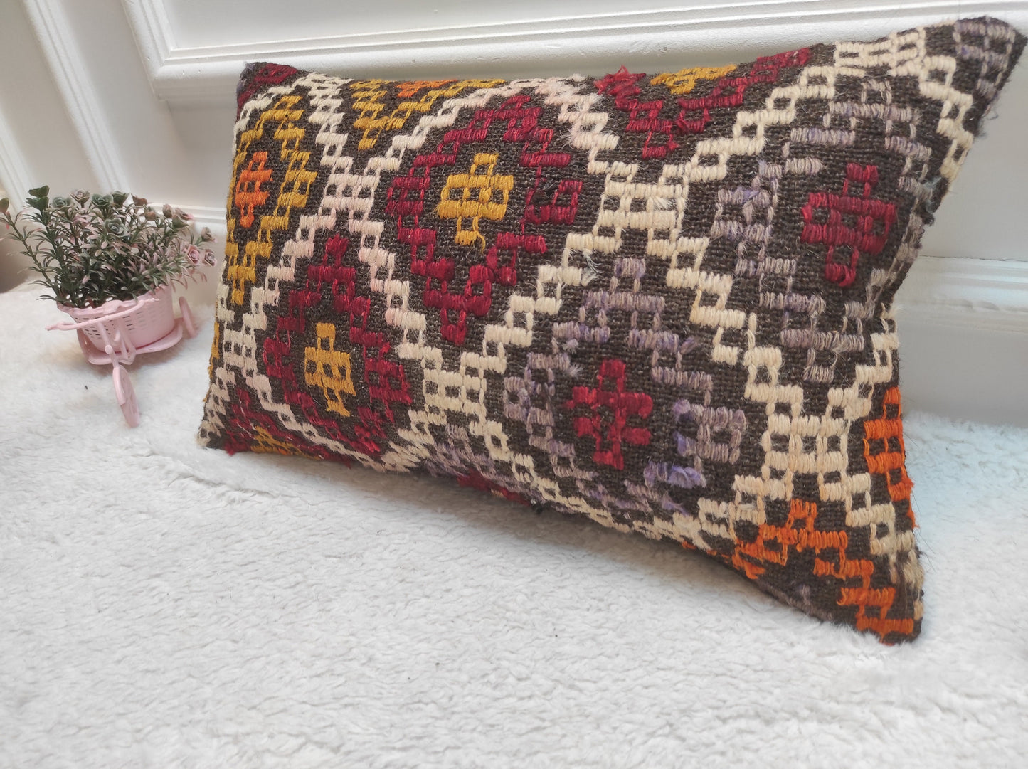 Handmade Kilim Lumbar Pillow Cover: Organic Wool Boho Decor (12x20 inc)
