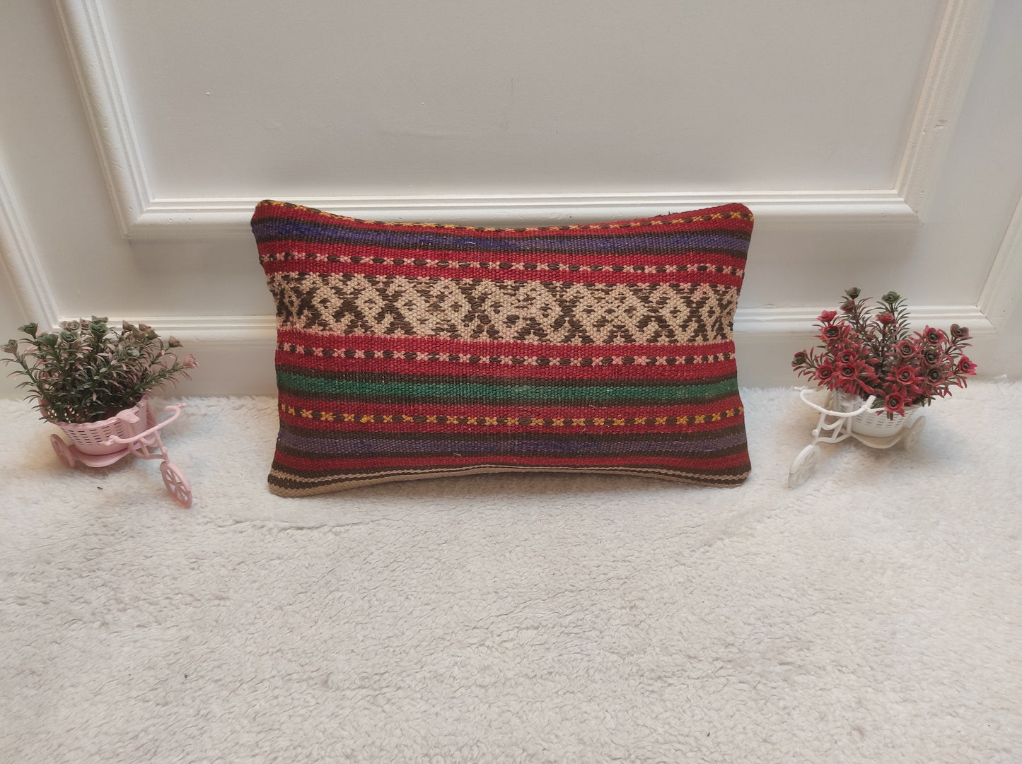 Handmade Kilim Lumbar Pillow Cover: Striped Woven Rug, 12x20 inch