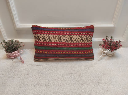 Handmade Kilim Lumbar Pillow Cover: Striped Woven Rug, 12x20 inch