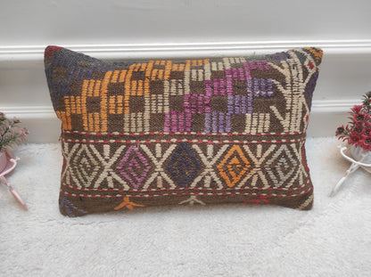 Handmade Kilim Lumbar Pillow Cover: Boho Woven Rug Cushion (12x20 in)