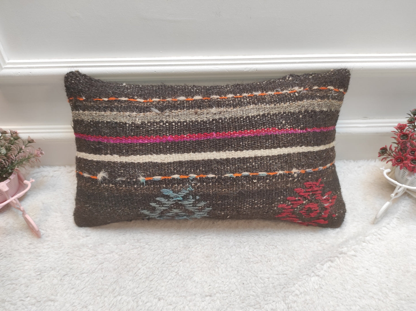 Handmade Kilim Lumbar Pillow Cover: Upcycled Woven Rug, Boho Decor (12x20 in)