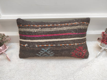 Handmade Kilim Lumbar Pillow Cover: Upcycled Woven Rug, Boho Decor (12x20 in)