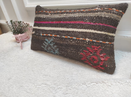Handmade Kilim Lumbar Pillow Cover: Upcycled Woven Rug, Boho Decor (12x20 in)
