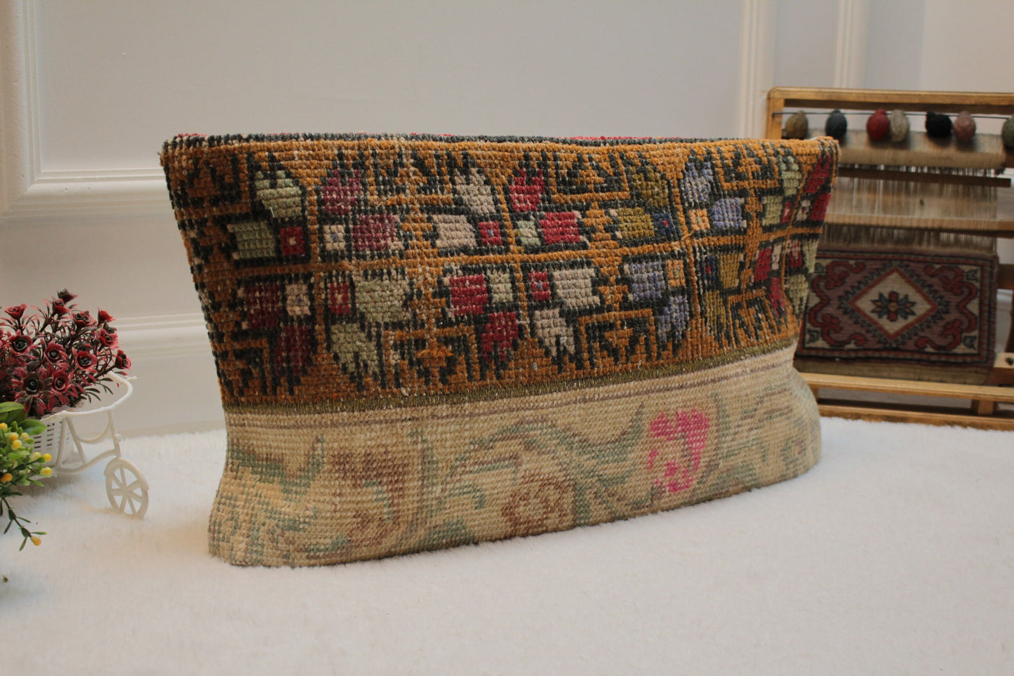 Handmade Turkish Rug Lumbar Pillow Cover: Patchwork Kilim, 12x24 inch