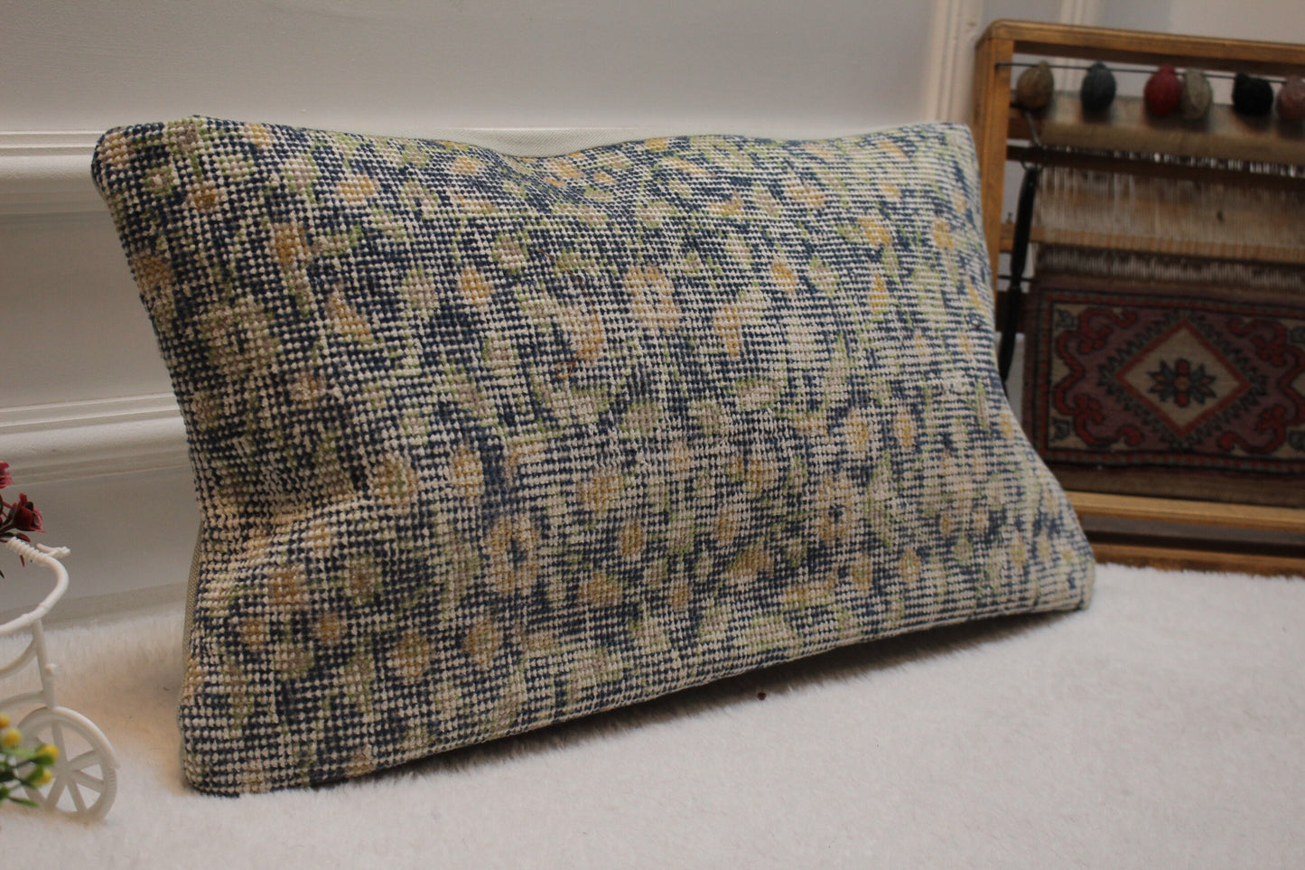 Floral Turkish Rug Pillow: Blue Beige Wool Lumbar Cover (12x24 in)