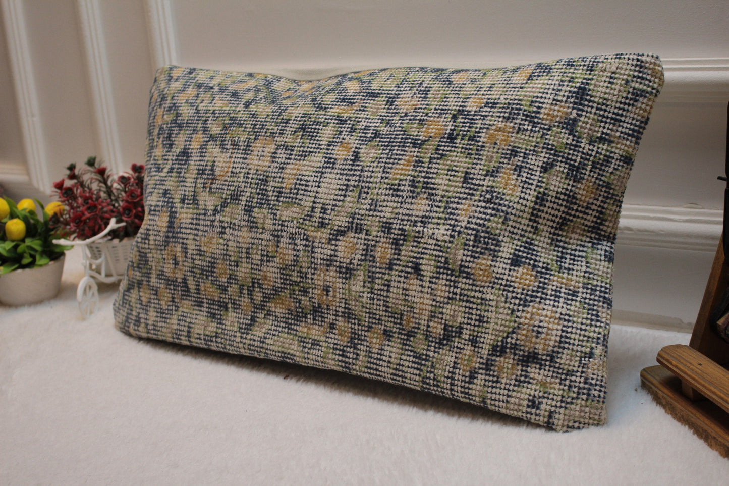 Floral Turkish Rug Pillow: Blue Beige Wool Lumbar Cover (12x24 in)