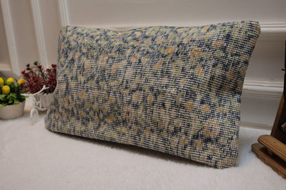 Floral Turkish Rug Pillow: Blue Beige Wool Lumbar Cover (12x24 in)