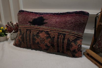 Handmade Turkish Rug Lumbar Pillow Cover: Organic Wool, 12x24 inc