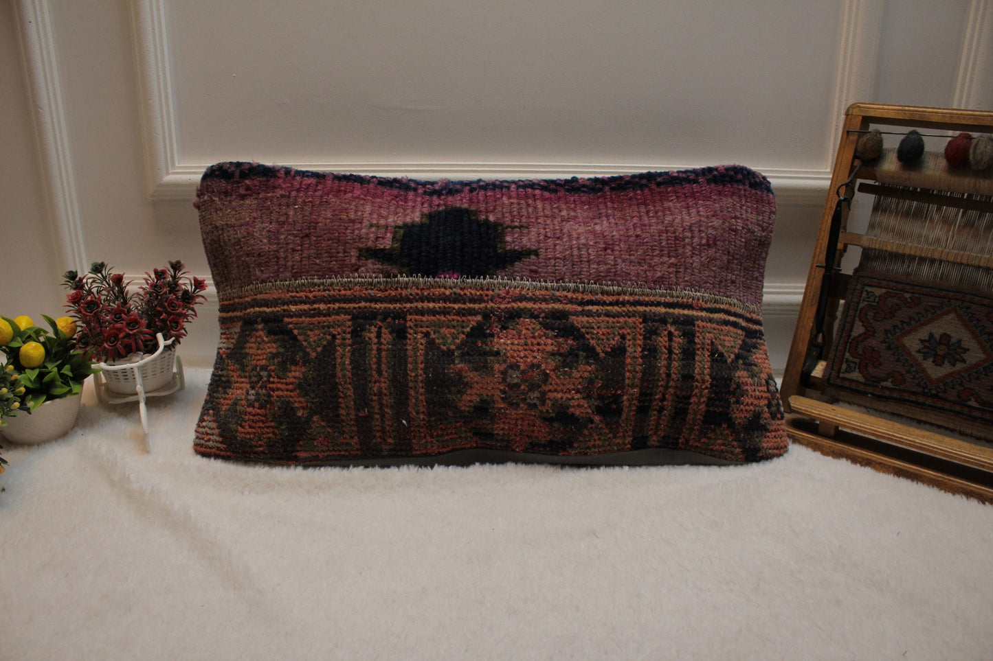Handmade Turkish Rug Lumbar Pillow Cover: Organic Wool, 12x24 inc