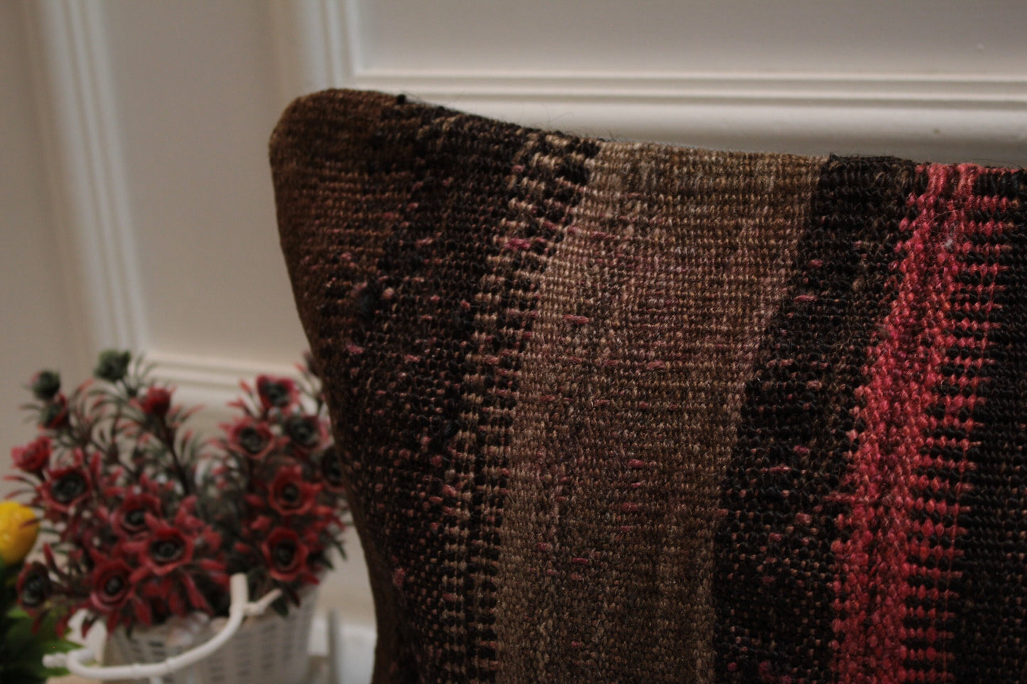 12x24 Boho Kilim Pillow Cover: Handmade Organic Wool, Striped Brown Decor