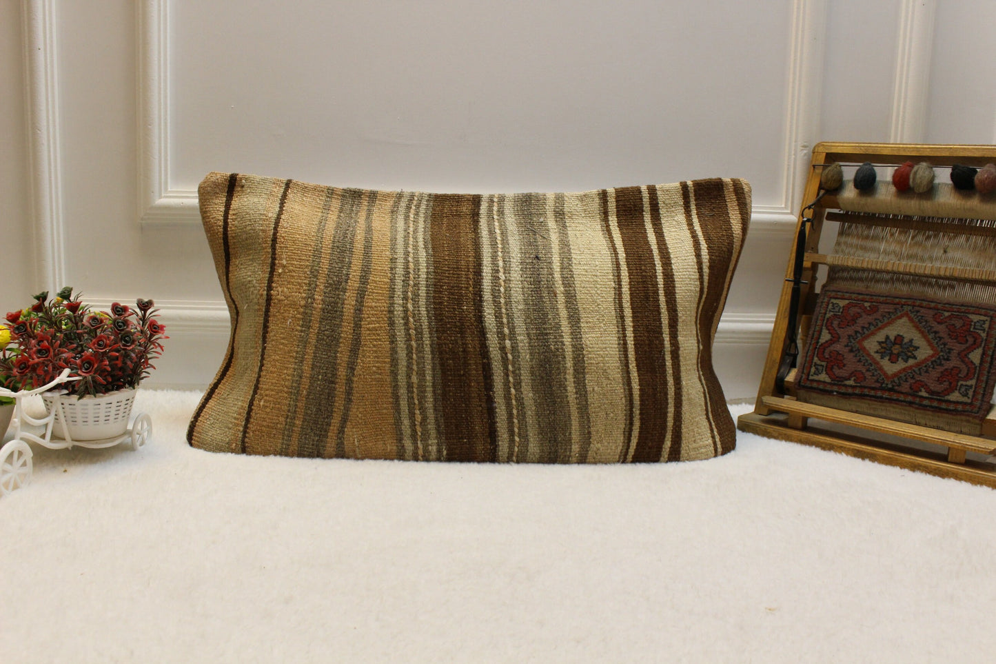 Handmade Kilim Pillow Cover: Striped Woven Wool, 12x24 inch