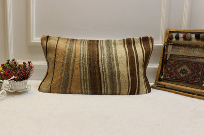 Handmade Kilim Pillow Cover: Striped Woven Wool, 12x24 inch