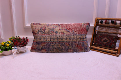 Vintage Anatolian Kilim Pillow Cover: Handmade Wool Lumbar Pillow (12x24 inc)