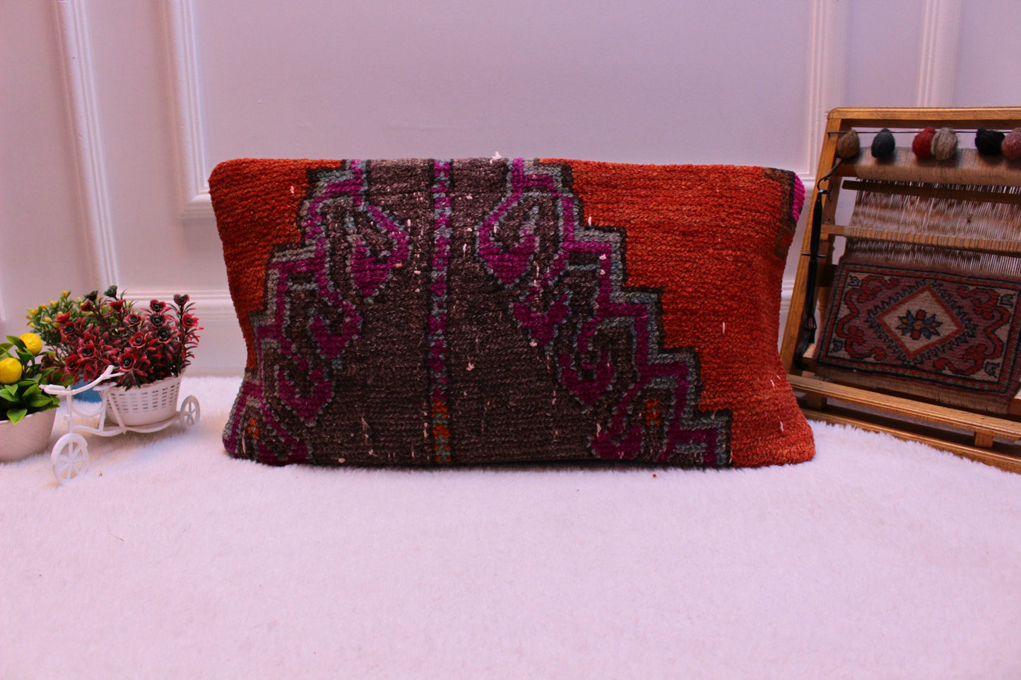 Handmade Kilim Pillow Cover: Upcycled Anatolian Rug, Boho Decor (12x24 inc)
