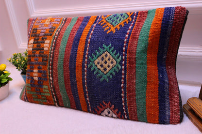 Ethnic Kilim Lumbar Pillow Cover: Turkish Woven Wool, 12x24 inch